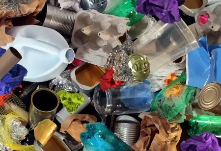 recycling garbage and reusable waste management as old paper glass metal and plastic household products to be reused as a concept of environmental conservation of material saving energy and money